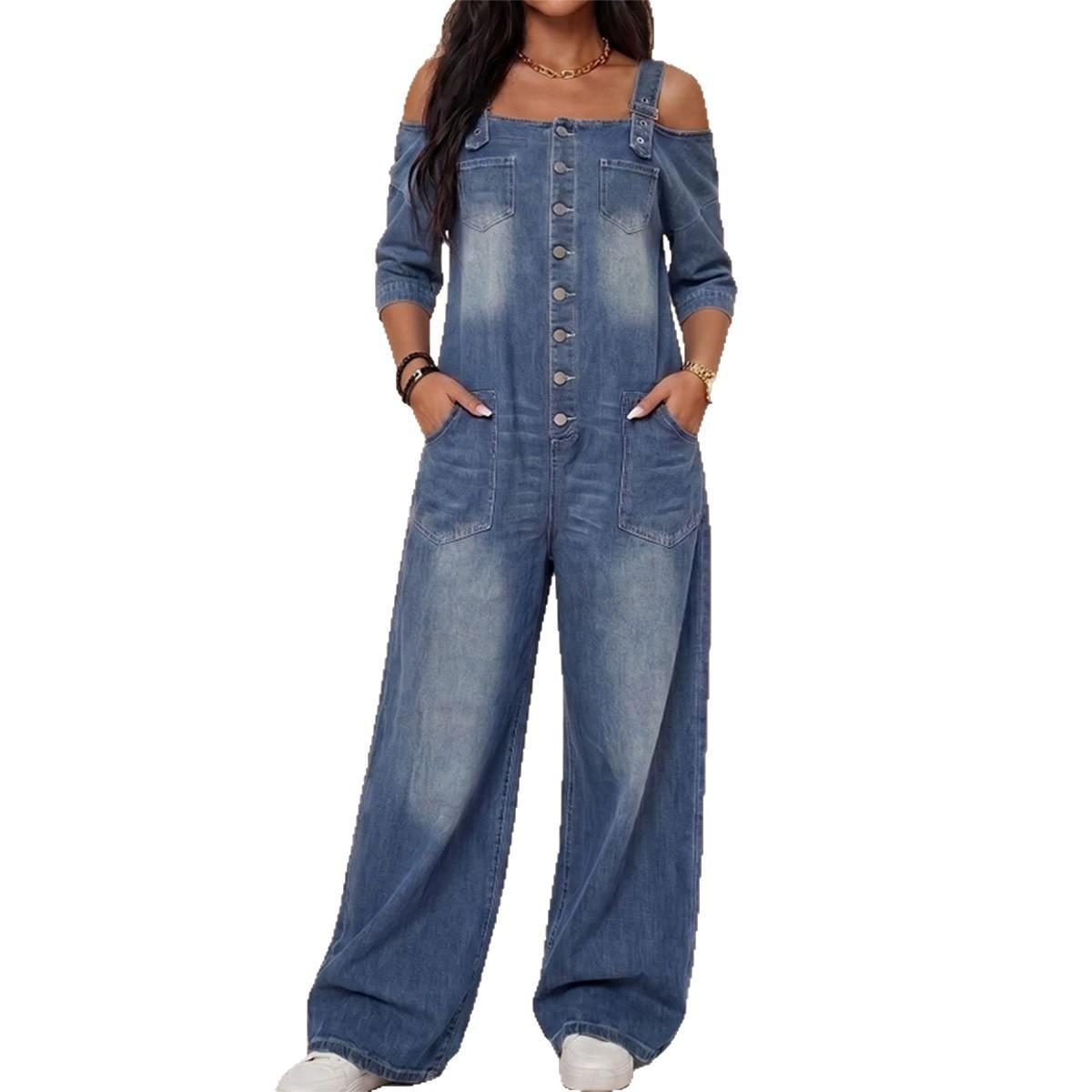 Off-Shoulder Suspender Pocket Denim Wide-Leg Jumpsuit For Women - Image 4