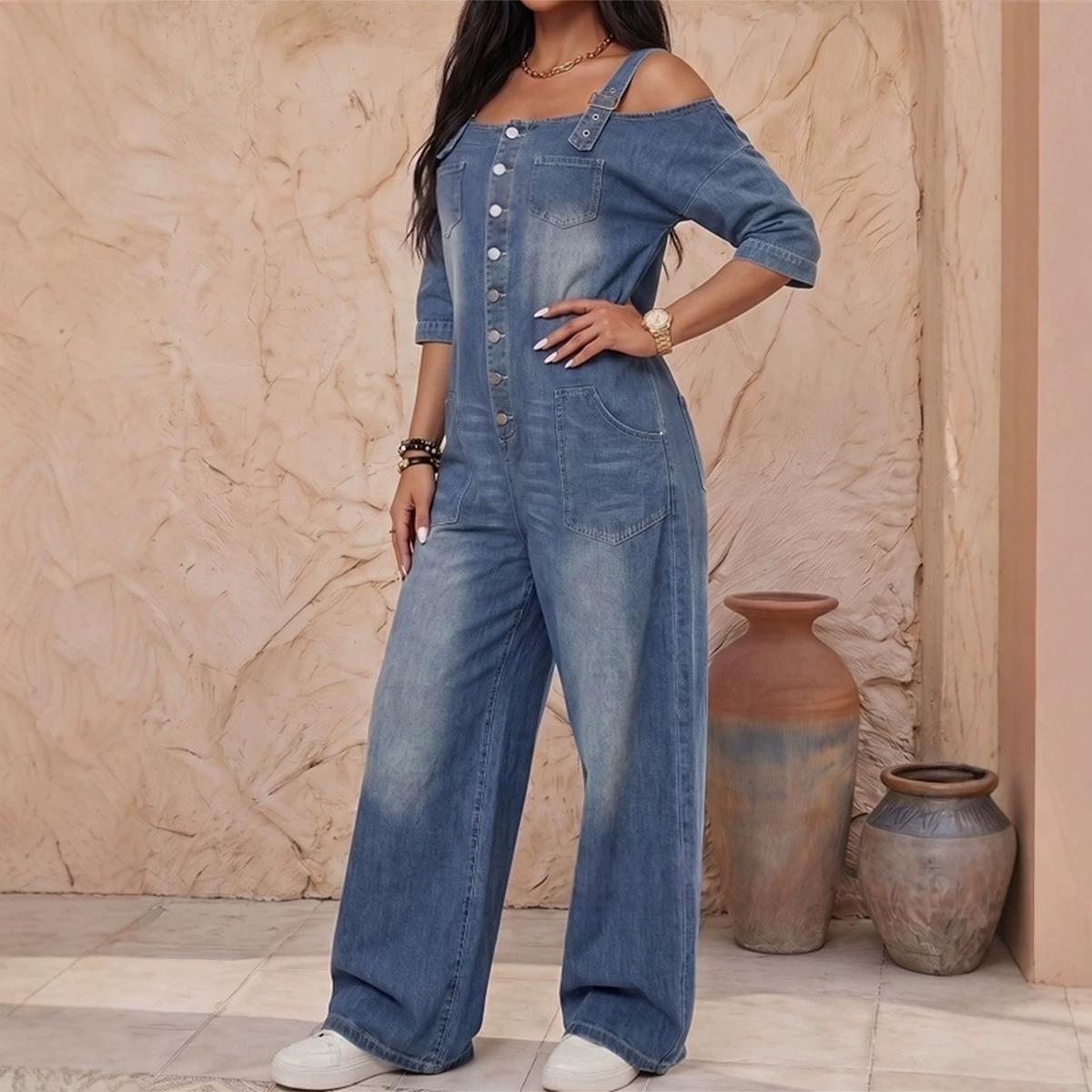 Off-Shoulder Suspender Pocket Denim Wide-Leg Jumpsuit For Women - Image 2
