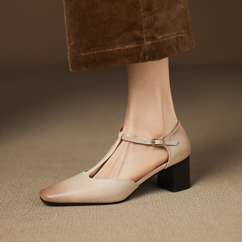 Summer New Square-toe Chunky-heel Fashion Sandals, Hollow-out T-strap Shoes - Image 3