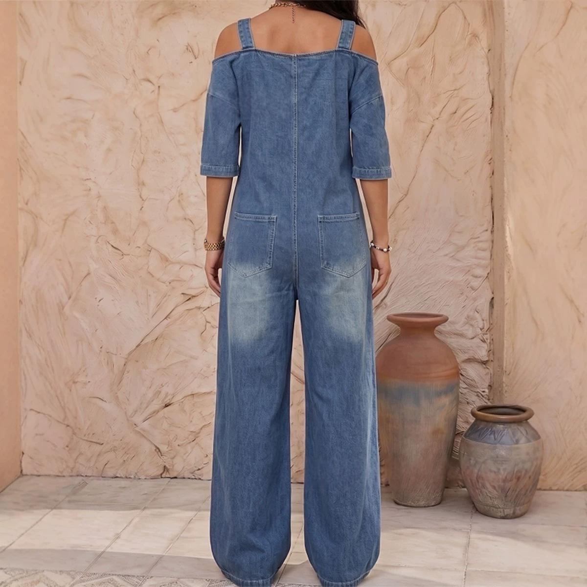 Off-Shoulder Suspender Pocket Denim Wide-Leg Jumpsuit For Women - Image 3