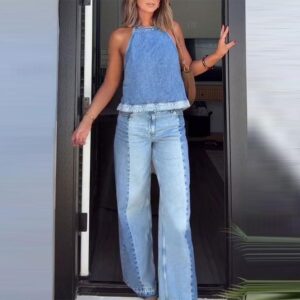 Womens Casual Top And Wide-leg Pants Two-piece Set