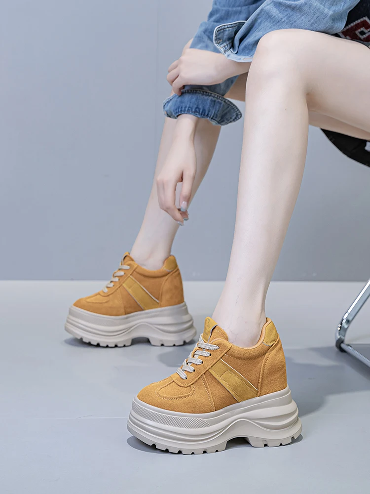 Fujin Chunky Platform Sneakers for Fall Spring 5 Inch Heel Height Genuine Leather Suede Elevator Shoes for Petite Women New - Image 7