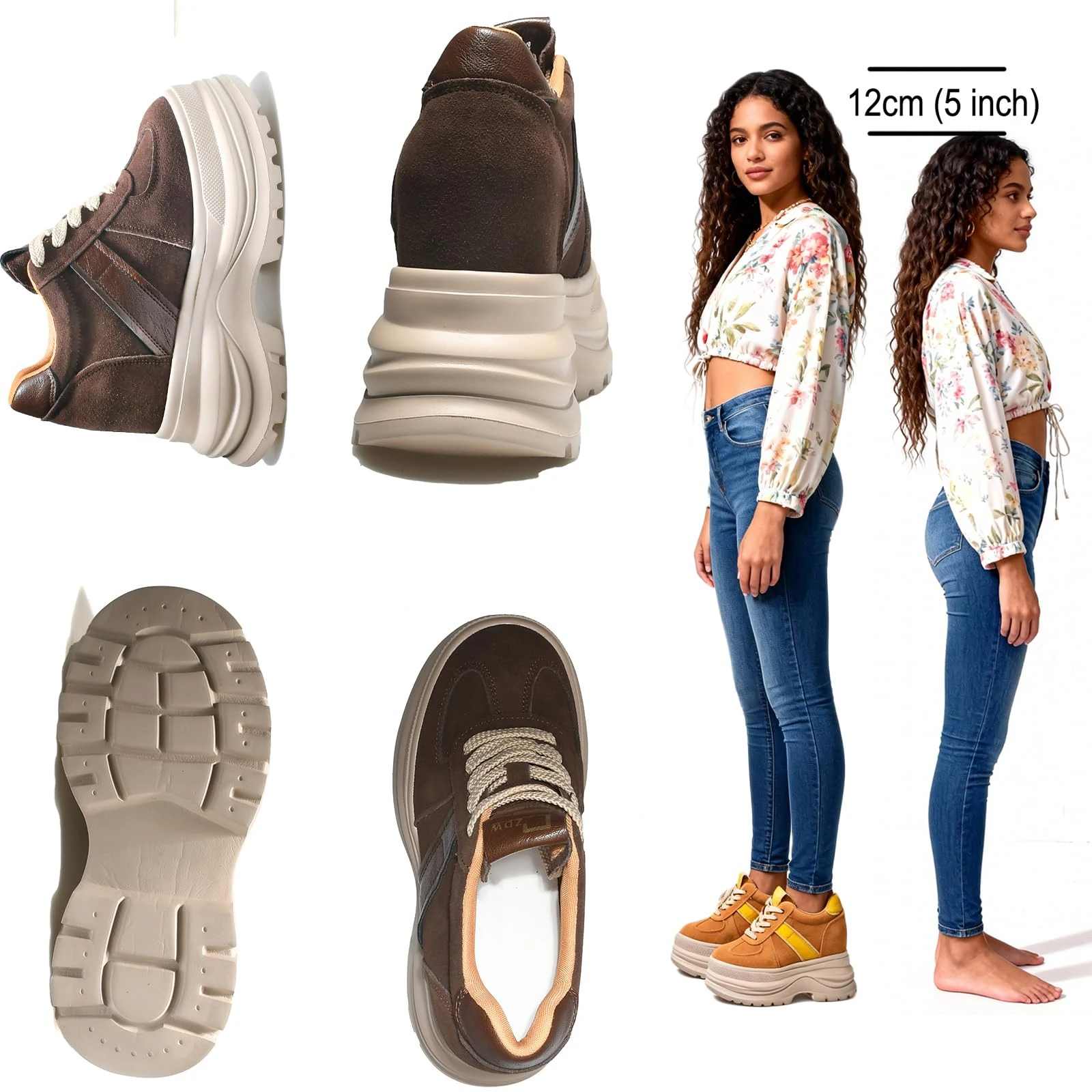 Fujin Chunky Platform Sneakers for Fall Spring 5 Inch Heel Height Genuine Leather Suede Elevator Shoes for Petite Women New - Image 2