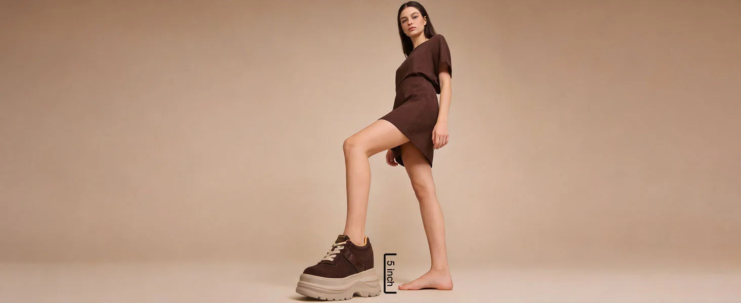 Fujin Chunky Platform Sneakers for Fall Spring 5 Inch Heel Height Genuine Leather Suede Elevator Shoes for Petite Women New - Image 10