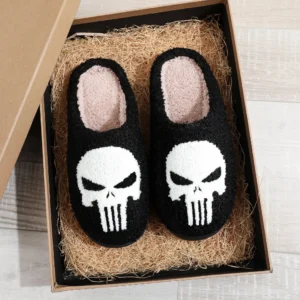 Punisher Skull Pattern Fashion Embroider Plush Home Thick-Soled Comfortable Woolen Cotton Slippers Personalized Warm Non-Slip Indoor Slippers for Men and Women Can Wear Halloween Christmas Gifts