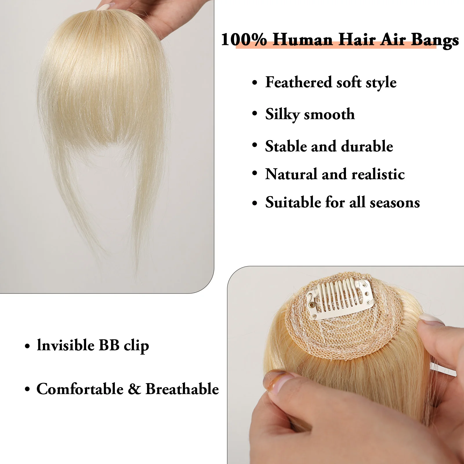 100% Human Hair Bangs Clips in Air Fringe Bangs Hairpiece for Women Platinum Blonde Remy Human Hair Bangs Hair Extension 4.5inch - Image 5