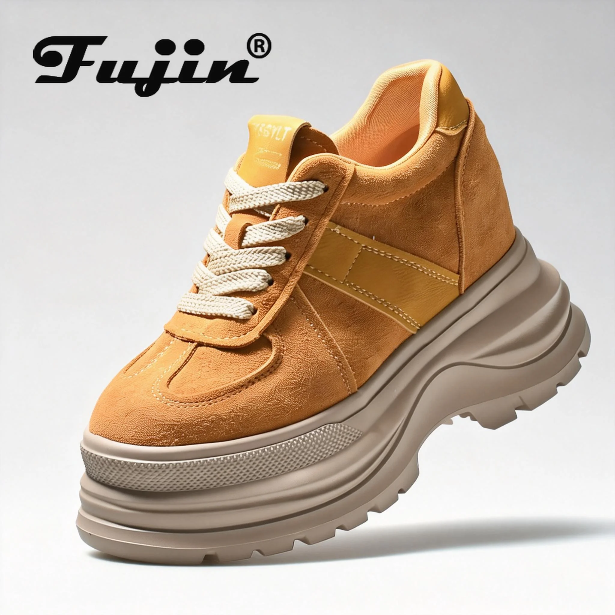 Fujin Chunky Platform Sneakers for Fall Spring 5 Inch Heel Height Genuine Leather Suede Elevator Shoes for Petite Women New