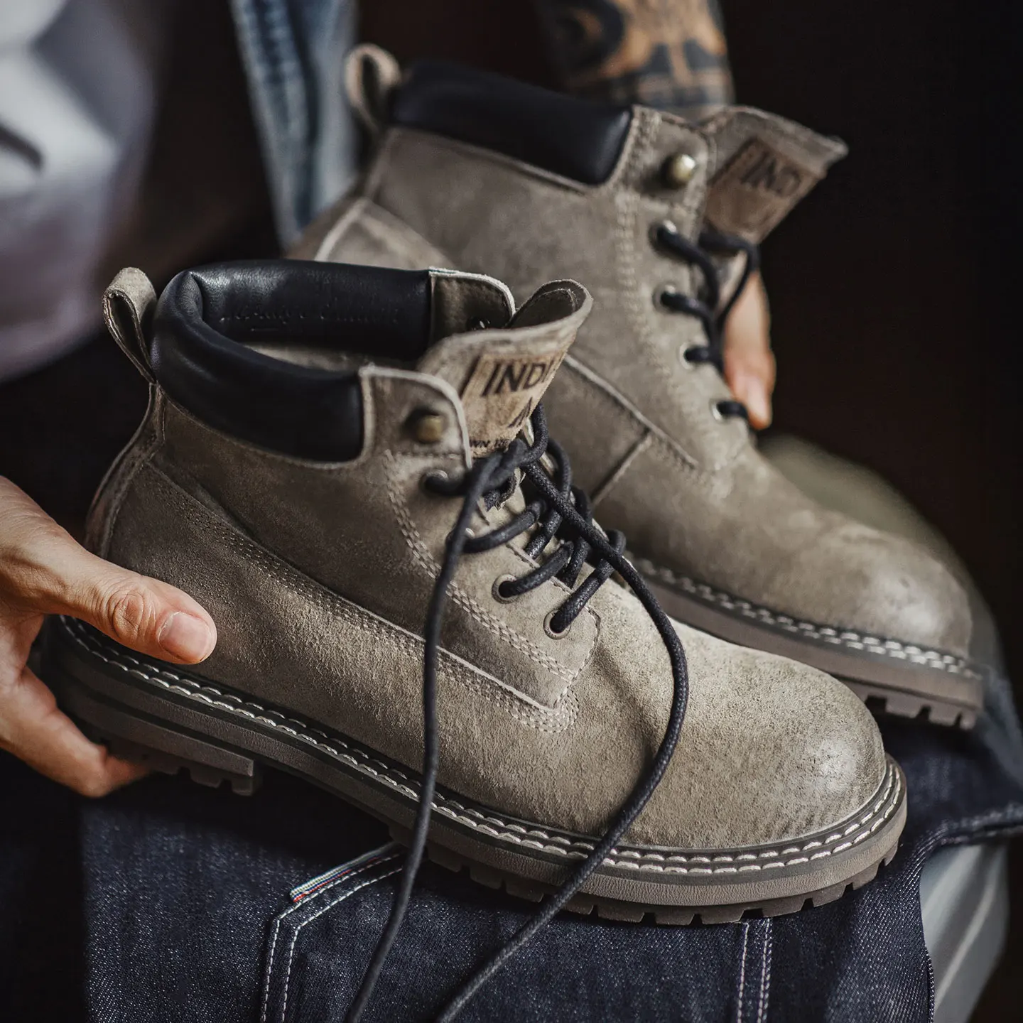 Maden Men's Retro Full Grain Pigskin High Top Work Boots Casual Lace-Up Desert Boots Genuine Leather Ankle Boots for Fall Winter