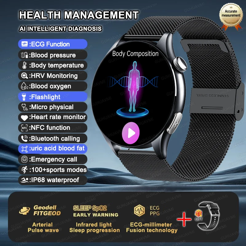 2025 New NFC+ECG+PPG Health Smart Watch BMI Fat Heart Rate Blood Pressure Watch 380mAh BT Call IP68 Waterproof Sports Bracelet - Image 11