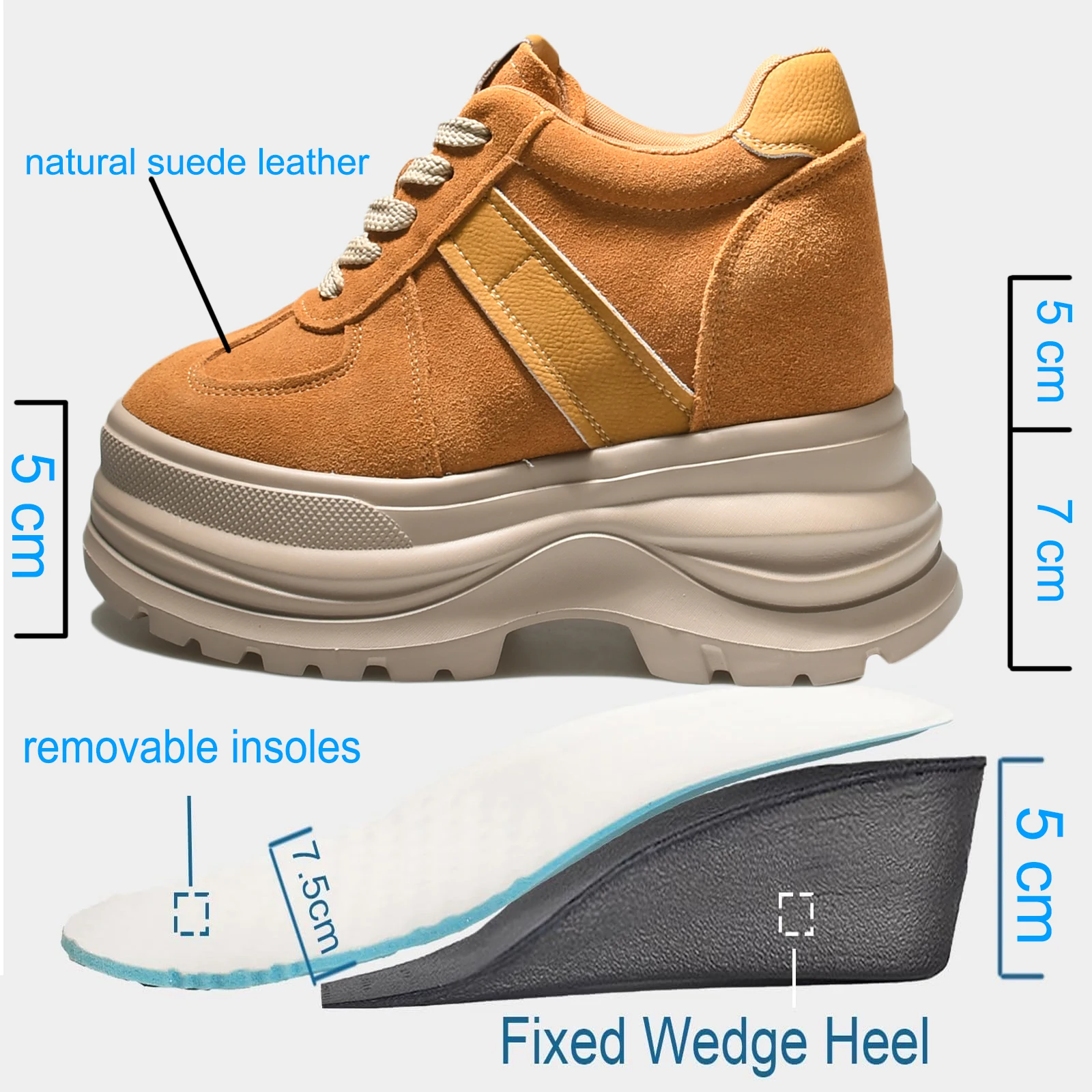 Fujin Chunky Platform Sneakers for Fall Spring 5 Inch Heel Height Genuine Leather Suede Elevator Shoes for Petite Women New - Image 3
