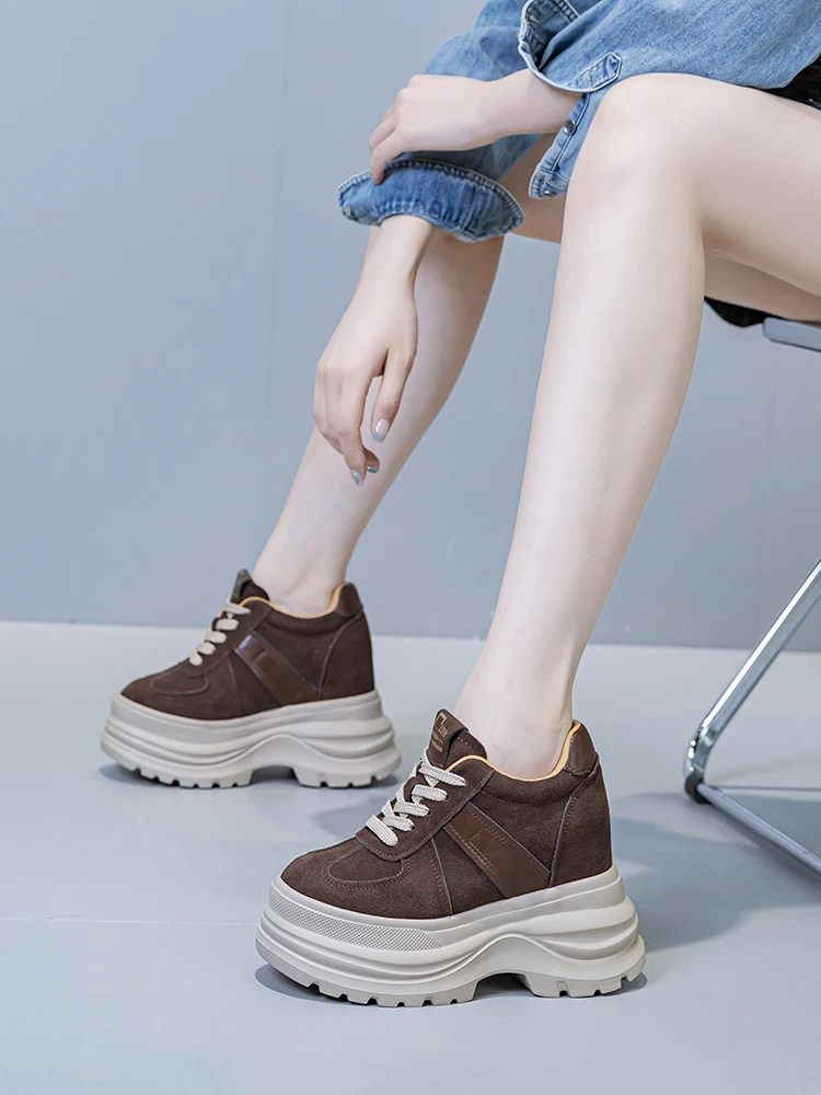 Fujin Chunky Platform Sneakers for Fall Spring 5 Inch Heel Height Genuine Leather Suede Elevator Shoes for Petite Women New - Image 8